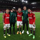 Lisandro Martinez, Anthony Martial, Diogo Dalot, Raphael Varane and Bruno Fernandes of Manchester United