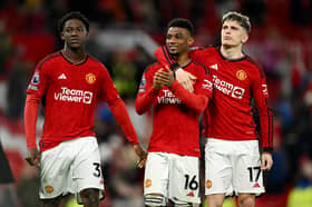 Kobbie Mainoo, Amad Diallo and Alejandro Garnacho of Manchester United
