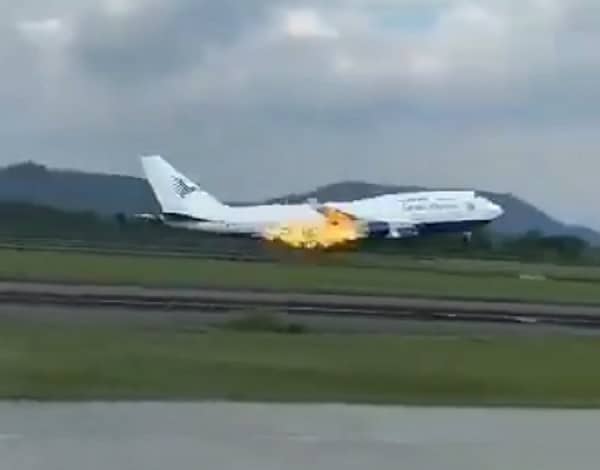 Boeing plane’s engine catches fire after take-off.