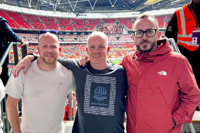 Andy Bebbington, right, with his dad and brother at Wembley.