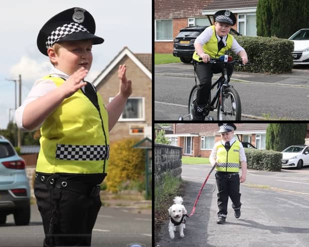 Finley Bollen, six, dresses in an officer's hat and outfit everyday - keeping his town and its people safe on the roads. 