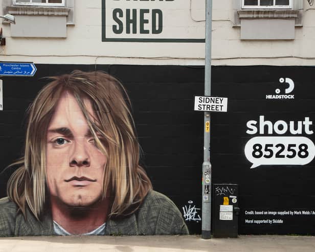 Kurt Cobain mural painted by Akse on the Bread Shed (Manchester, 2024) in collaboration with Headstock in support of mental health charity SHOUT
Credit: based on photo supplied by Mark Webb / Avalon
Mural supported by Skiddle