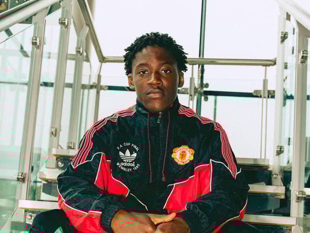 Kobbie Mainoo models an authentic anthem jacket from the 1990 FA Cup final
