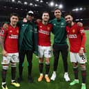 Lisandro Martinez, Anthony Martial, Diogo Dalot, Raphael Varane and Bruno Fernandes of Manchester United