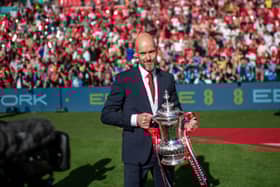 Erik ten Hag of Manchester United celebrates with the FA Cup trophy