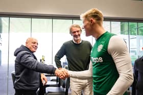 Sir Jim Ratcliffe and Sir Dave Brailsford of INEOS meet Rasmus Hojlund of Manchester United