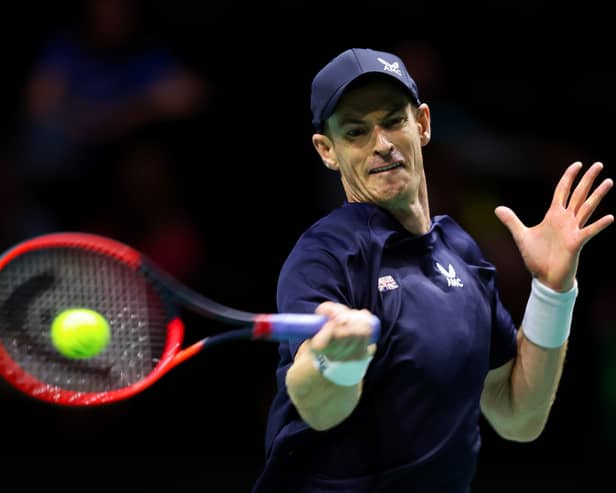Andy Murray in action at the AO Arena at the 2023 Davis Cup event