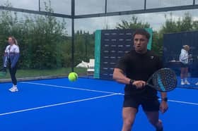 One of the people getting stuck into the Padel taster at Decathlon in Stockport