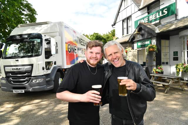 Statman Dave and Jimmy Bullard promote free pints at Greene King pubs to mark the start of Euro 2024 - the offer is available on Friday, June 14, between 6pm and 7pm Picture: Greene King 