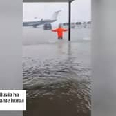 Mallorca airport flooding sees high flood water on runway.