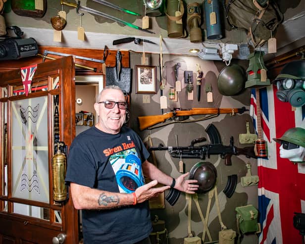 Ray Fricker, an amateur historian from Droylsden, has spent £50k on war memorabilia, taking up a whole room in his house. Credit: William Lailey / SWNS