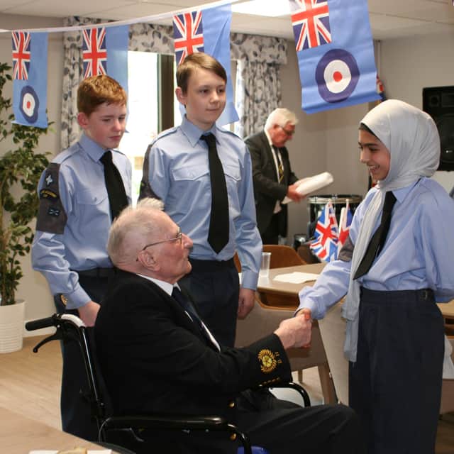 Joe Jervis meets members of the Albion Academy Combined Cadet Force (RAF) at his 101st birthday party