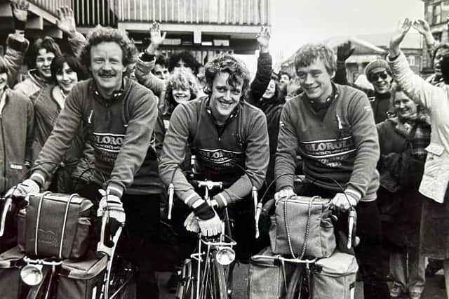 Jamie's dad (centre) with friends in 1984 before cycling to Australia. 