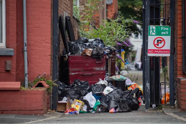 Alleyways in Fallowfield filled with rubbish left by students. 
