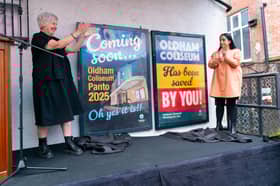 Julie Hesmondhalgh with Oldham council leader Arooj Shah at the announcement that the Coliseum would be re-opening. 