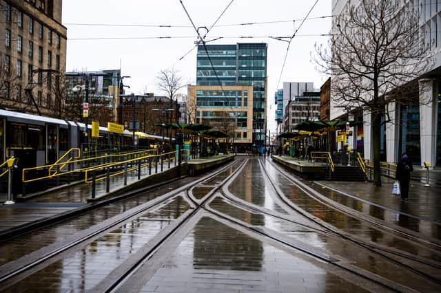 A rainy scene in Manchester city centre 