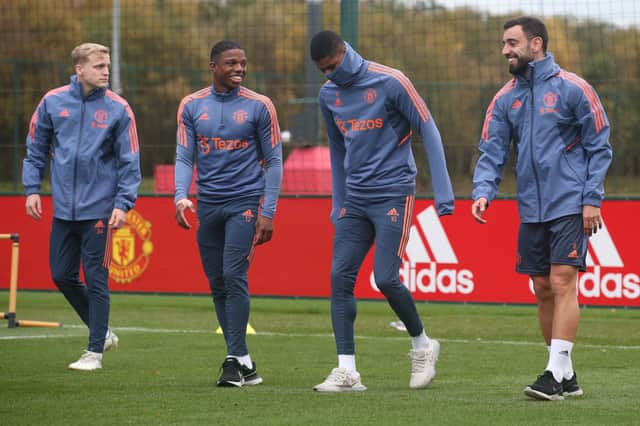 Donny van de Beek, Tyrell Malacia, Marcus Rashford, Bruno Fernandes of Manchester United