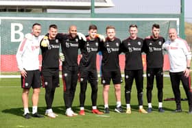 Craig Mawson, Tom Heaton, Lee Grant, Dermot Mee, Paul Woolston, Dean Henderson, David de Gea and Richard Hartis of Manchester United