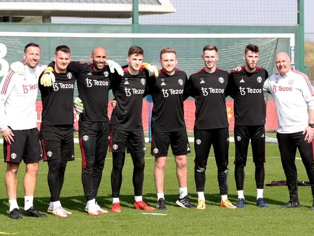 Craig Mawson, Tom Heaton, Lee Grant, Dermot Mee, Paul Woolston, Dean Henderson, David de Gea and Richard Hartis of Manchester United