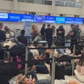 Long queues at an airport.