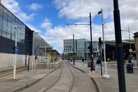 A tram stop in Rochdale town centre