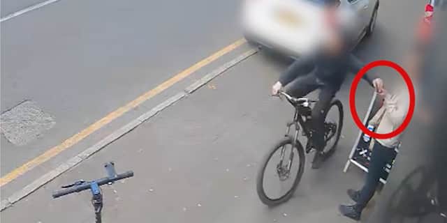 Phone thief cycles past victims before snatching their phones.