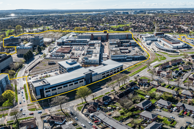 An aerial view of Wythenshawe Civic Centre, including an outline indicating which areas are set for redevelopment. Credit: Manchester City Council