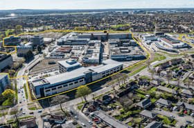 An aerial view of Wythenshawe Civic Centre, including an outline indicating which areas are set for redevelopment. Credit: Manchester City Council