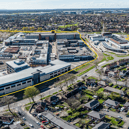 An aerial view of Wythenshawe Civic Centre, including an outline indicating which areas are set for redevelopment. Credit: Manchester City Council