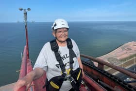 Maureen Carroll, 73, at the top of The Big One at Blackpool Pleasure Beach.