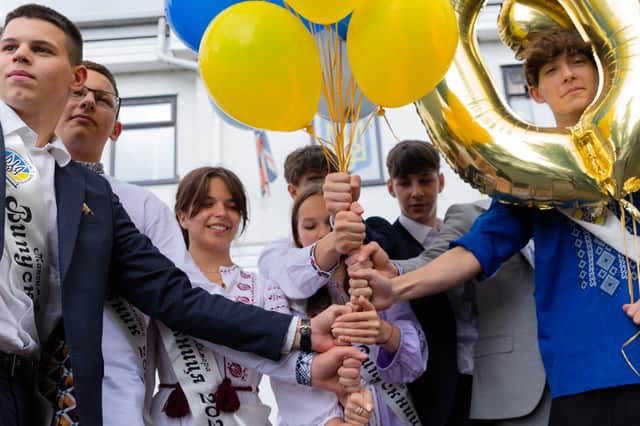 The class of 2024 at Manchester Ukrainian school pose for photo on their graduation day. Credit: Maryna Seletska