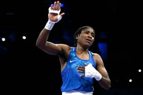 Cindy Ngamba celebrates her opening victory at the Paris Olympics