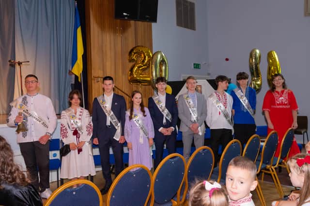 Manchester Ukrainian School class of 2024, including Sofia Chymera (second to left) and Sofiia Skorytska (fourth). Credit: Maryna Seletska