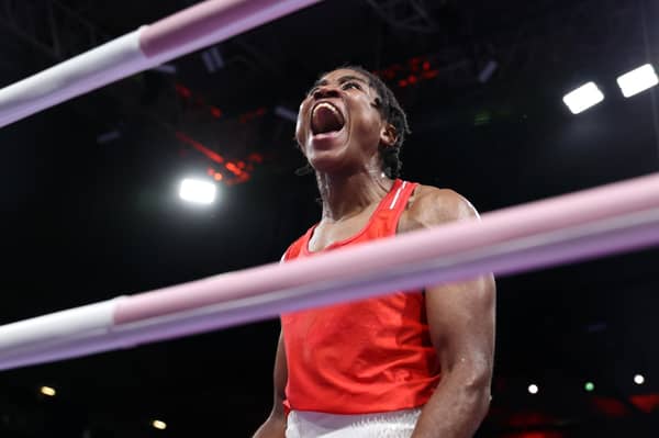 Cindy Ngamba roars with delight after sealing at least a bronze medal at the Paris Olympics. 