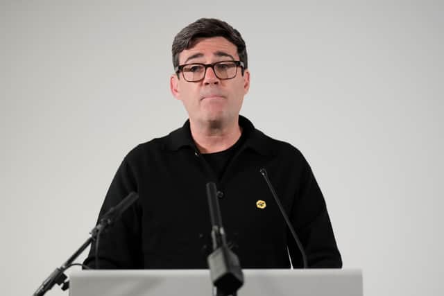 Andy Burnham, pictured at a previous press conference, addressed the media about the unrest in Greater Manchester