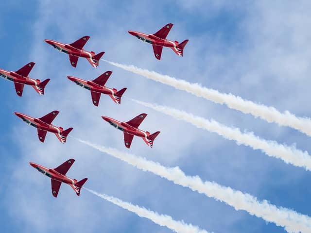 The Red Arrows perform at RAF Fairford during the Royal Military Air Tattoo on July 15,