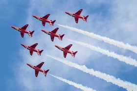 The Red Arrows perform at RAF Fairford during the Royal Military Air Tattoo on July 15,