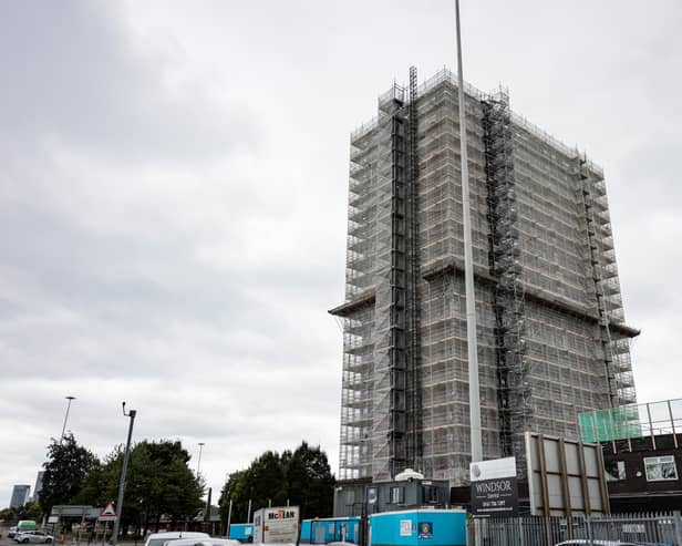 Thorn Court in Salford, where work to remove and replace cladding is ongoing. Picture: Manchester Evening News