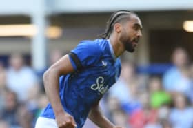 LIVERPOOL, ENGLAND - AUGUST 10: Dominic Calvert-Lewin of Everton celebrates scoring his team's first goal during the pre-season friendly match between Everton and Roma at Goodison Park on August 10, 2024 in Liverpool, England. (Photo by Ben Roberts Photo/Getty Images)