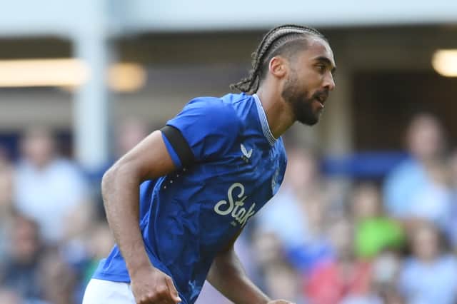 LIVERPOOL, ENGLAND - AUGUST 10: Dominic Calvert-Lewin of Everton celebrates scoring his team's first goal during the pre-season friendly match between Everton and Roma at Goodison Park on August 10, 2024 in Liverpool, England. (Photo by Ben Roberts Photo/Getty Images)