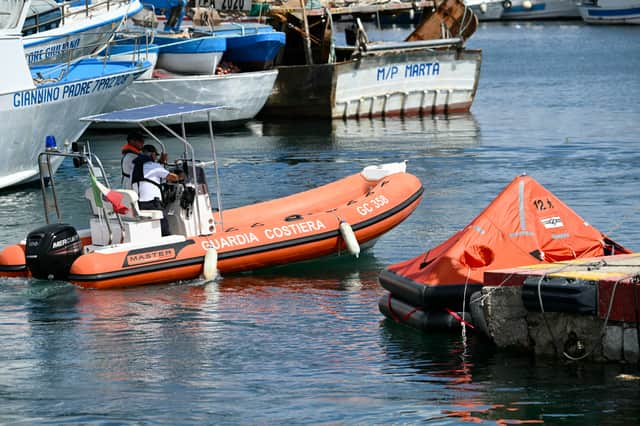 Guardia Costiera boat in Porticello near Palermo, where a superyacht has sunk after a 'violent storm'. Photo: ALBERTO PIZZOLI/AFP via Getty Images