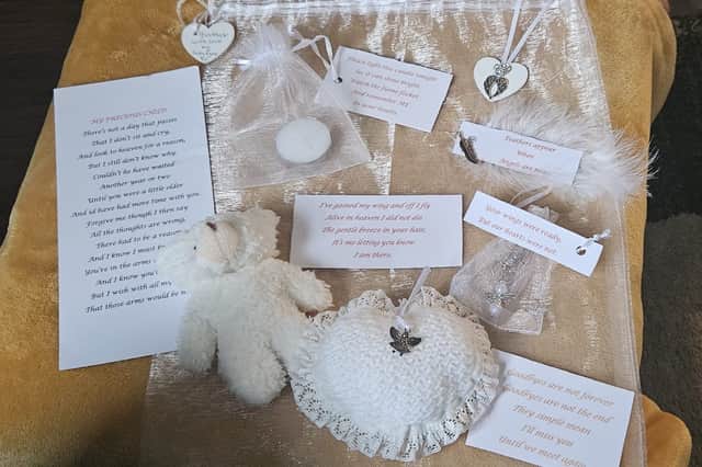 Memorial statues in garden and \'memory bag\' created by Kay. Credit: Kay and Joyce Ryan