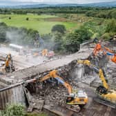 Drone image of the demolition of Castleton bridge
