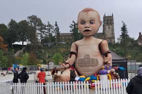 The giant baby puppet in Rochdale town centre