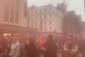 FC Twente fans march down Deansgate on their way to Old Trafford