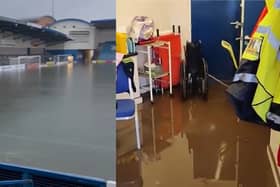 Football pitch submerged in water after thunderstorm.