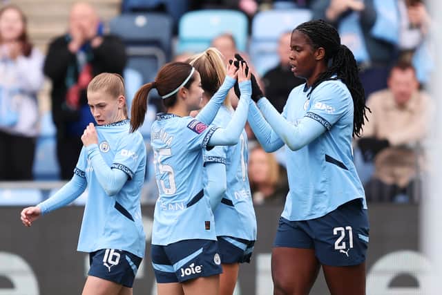Khadija ‘Bunny’ Shaw celebrates what turned out to be the winner for Man City's Women against Brighton.