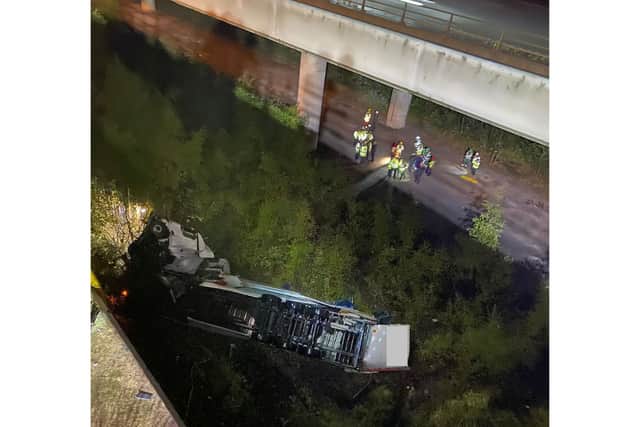 A lorry fell 60 metres from the Thelwall Viaduct on the M6, landing on the embankment below
