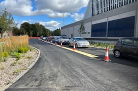 Traffic queueing around Stretford Mall during the road closure. 