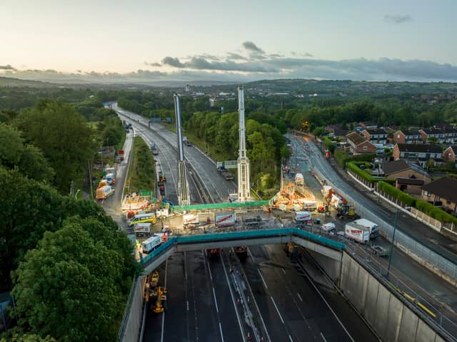 The bridge over the M67 during previous construction works. Picture:  Octovision Media/Tilbury Douglas/National Highways.